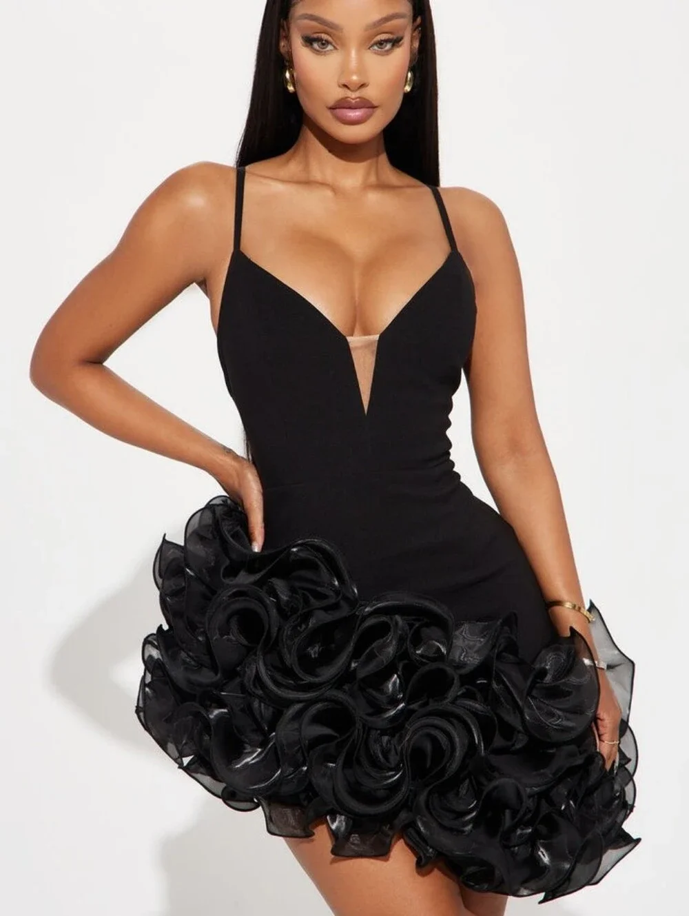 Black Ruffle Hem Spaghetti Strap Mini Dress